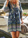 A-Line Loose Contrast Color Flower Print Pleated V-Neck Mini Dresses