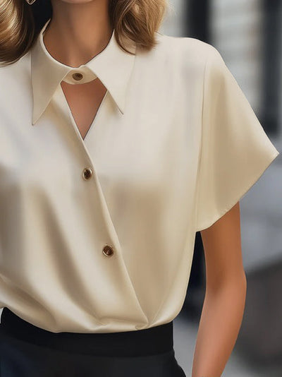 Short Sleeves Buttoned Solid Color Lapel Blouses&Shirts Tops