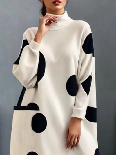 Long Sleeves Loose Pockets Polka-Dot High Neck Midi Dresses