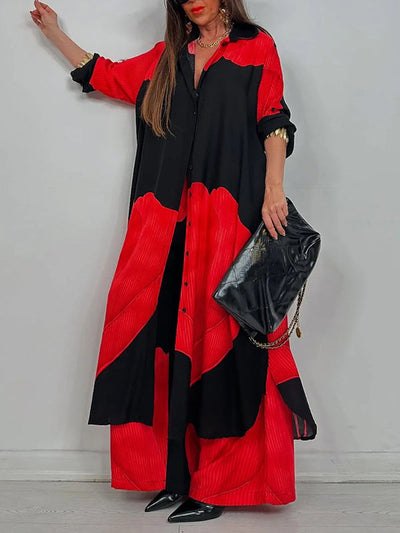 Long Sleeves Loose Floral Printed Split-Joint Split-Side Lapel Blouses&Shirts Tops