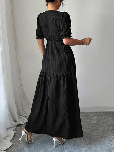 Half Sleeves High Waisted Pleated Solid Color Split-Front V-Neck Maxi Dresses
