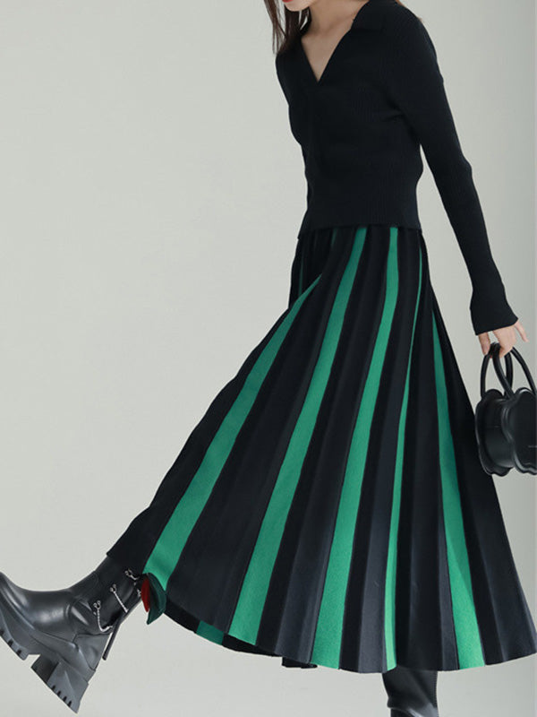 A-Line Loose Contrast Color Pleated Skirts Bottoms