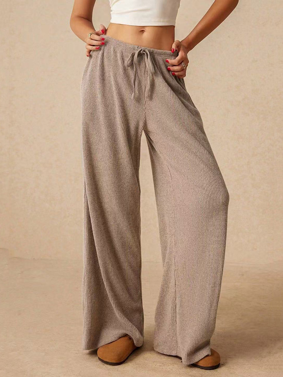 Elasticated Waist High Waisted Drawstring Solid Color Split-Joint Pants Trousers
