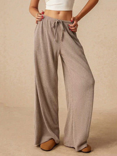 Elasticated Waist High Waisted Drawstring Solid Color Split-Joint Pants Trousers