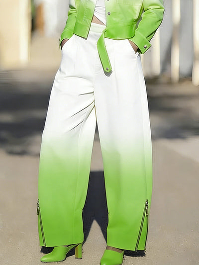 Wide Leg Gradient Pockets Zipper Pants Trousers