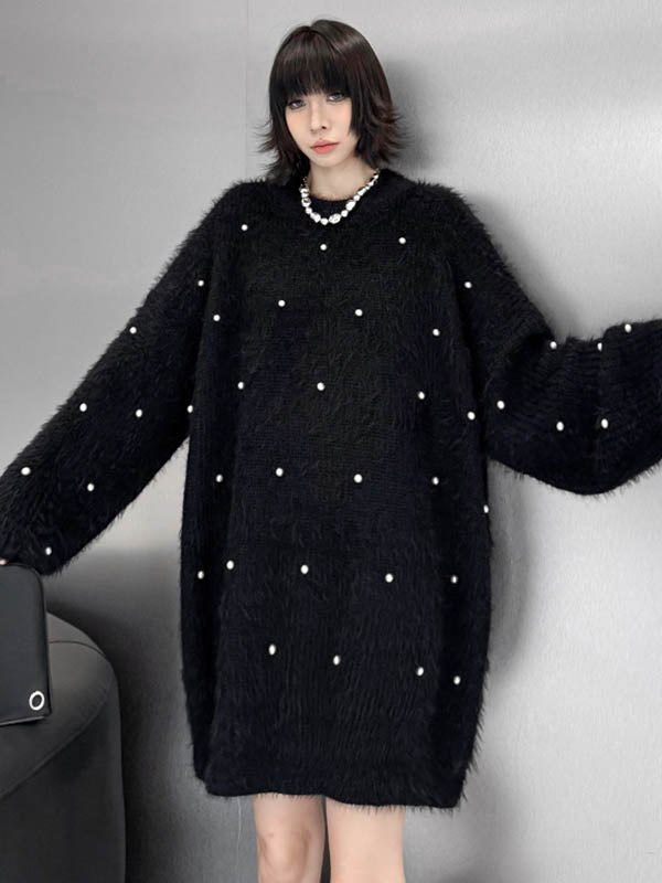 Long Sleeves Loose Beads Contrast Color Shiny Split-Joint Round-Neck Mini Dresses Sweater Dresses