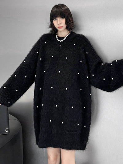 Long Sleeves Loose Beads Contrast Color Shiny Split-Joint Round-Neck Mini Dresses Sweater Dresses