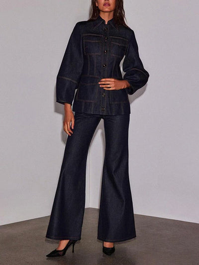 High Waisted Wide Leg Pockets Solid Color Jean Pants Bottoms