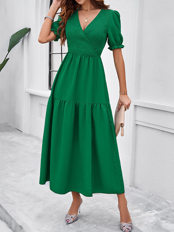 A-Line High Waisted Elasticity Pleated Solid Color Split-Joint V-Neck Midi Dresses
