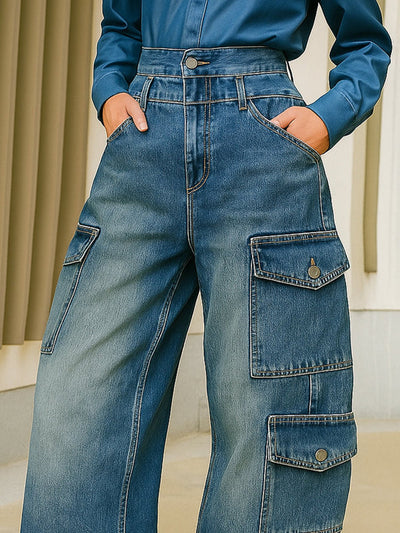 High Waisted Loose Buttoned Pockets Solid Color Split-Joint Jean Pants Bottoms