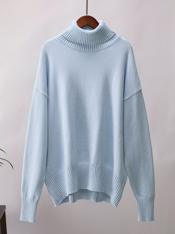 High-Low Long Sleeves Solid Color Split-Joint High Neck Sweater Tops