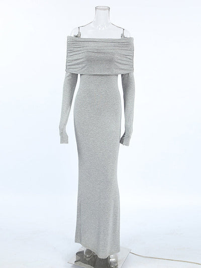 Long Sleeves Skinny Pleated Solid Color Split-Joint Off-The-Shoulder Evening Dresses Maxi Dresses