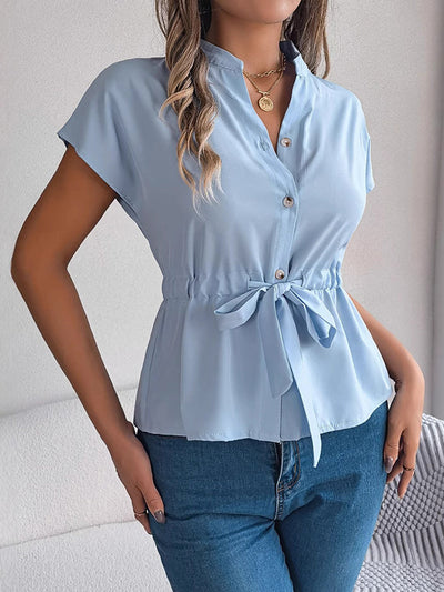 Loose Short Sleeves Drawstring Split-Joint Round-Neck Blouses&Shirts Tops