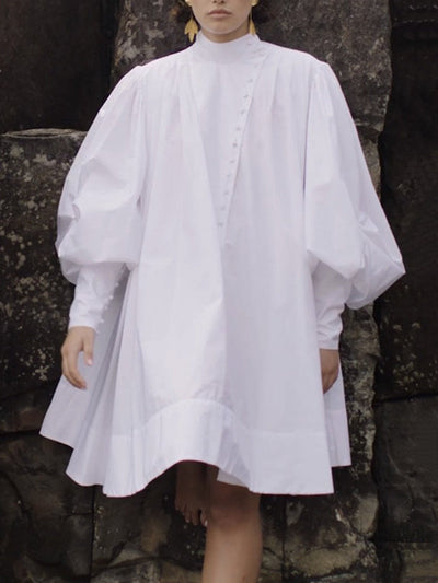 Long Sleeves Loose Buttoned Solid Color Stand Collar Mini Dresses Shirt Dress