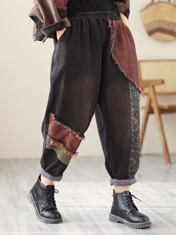 Contrast Color Fringed Split-Joint Long Sleeves Printed Outwear + Harem Pants  Two Pieces Set