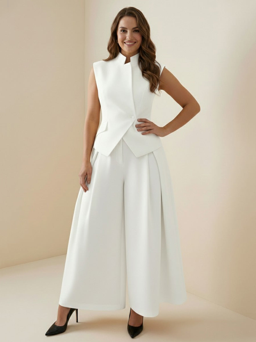 Elasticated Waist High Waisted Asymmetric Buttoned Solid Color Split-Joint Stand Collar Tank Top