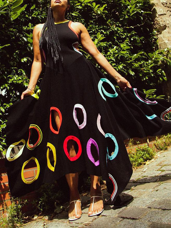 A-Line High Waisted Contrast Color Hollow Round-Neck Maxi Dresses