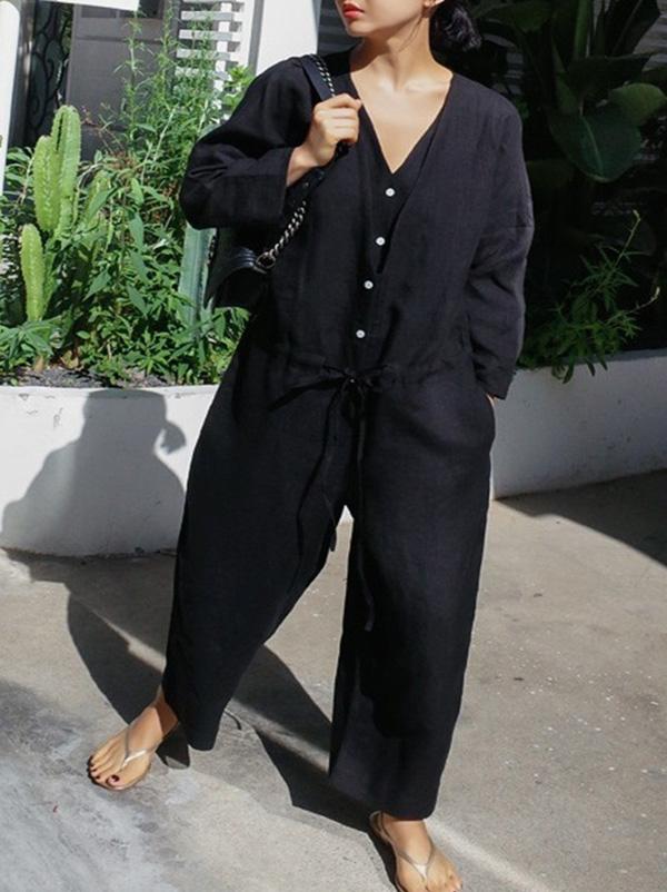 Casual Linen V-neck Jumpsuit