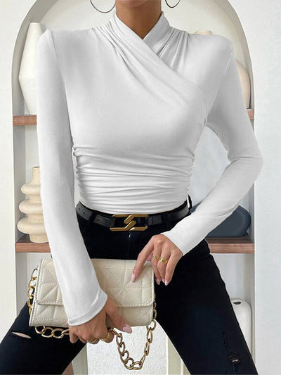 Long Sleeves Skinny Pleated Solid Color Mock Neck T-Shirts Tops