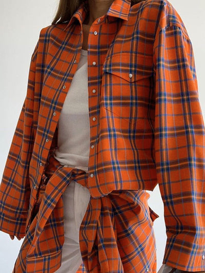 Long Sleeves Loose Buttoned Plaid Pockets Lapel Blouses&Shirts Tops