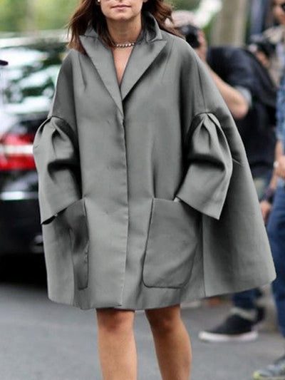 Flared Sleeves Long Sleeves Pockets Solid Color Notched Collar Mini Dresses Shirt Dress