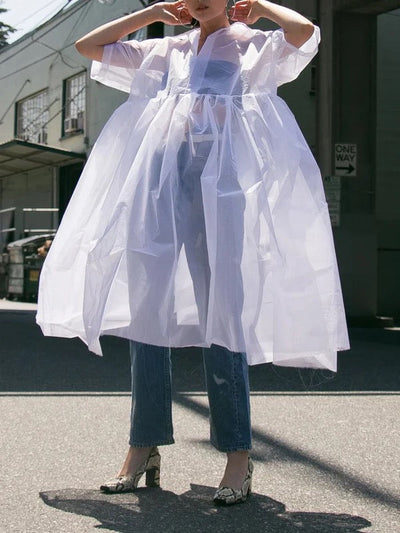 Half Sleeves High Waisted Pleated See-Through Solid Color Lapel Midi Dresses Shirt Dress