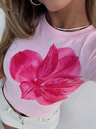 Short Sleeves Skinny Flower Print Round-Neck T-Shirts Tops