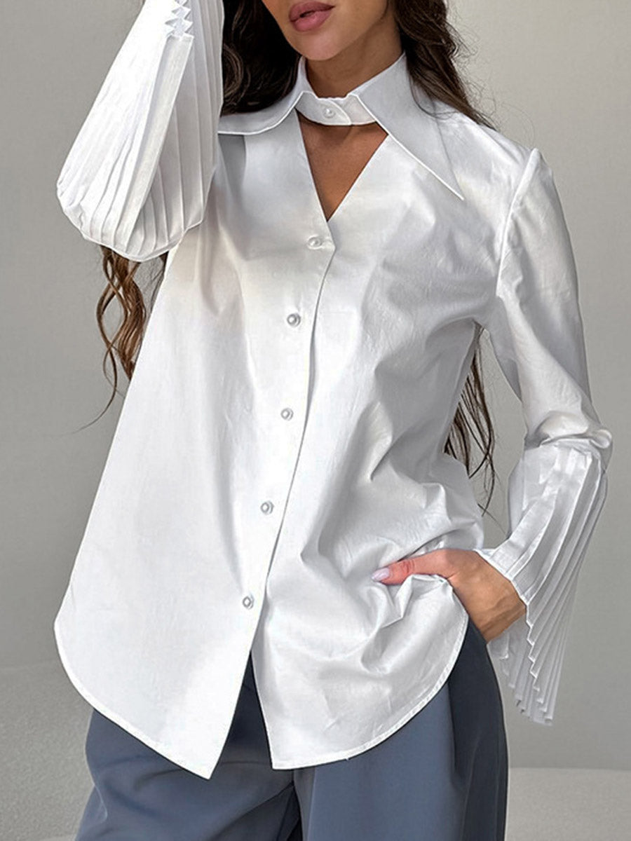 Flared Sleeves Long Sleeves Buttoned Hollow Pleated Solid Color Split-Joint Lapel Blouses&Shirts Tops