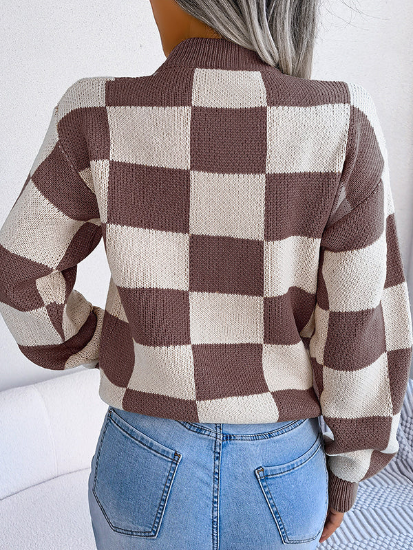 Long Sleeves Loose Contrast Color Plaid Round-Neck Sweater Tops