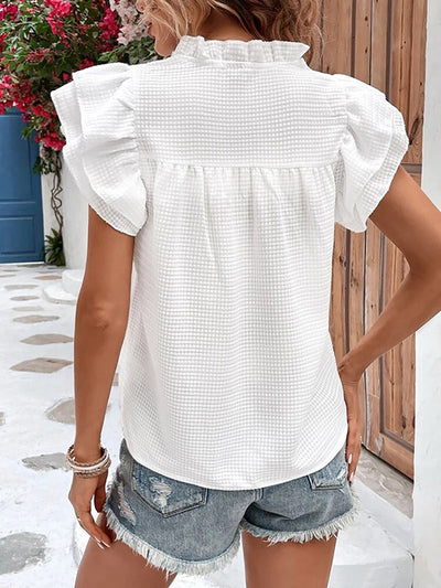 Loose Short Sleeves Ruffle Trim Solid Color Split-Joint V-Neck Blouses&Shirts Tops
