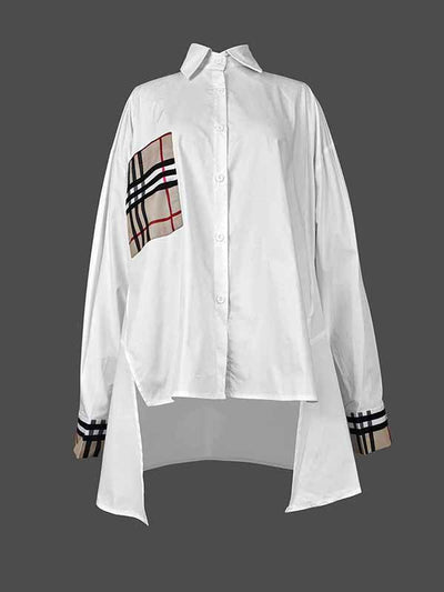 High-Low Long Sleeves Buttoned Plaid Pockets Split-Joint Split-Side Lapel Blouses&Shirts Tops