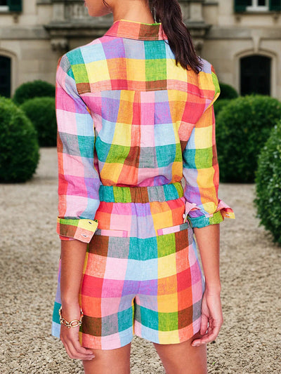 Long Sleeves Loose Rainbow Plaid Split-Joint Lapel Blouses&Shirts Tops