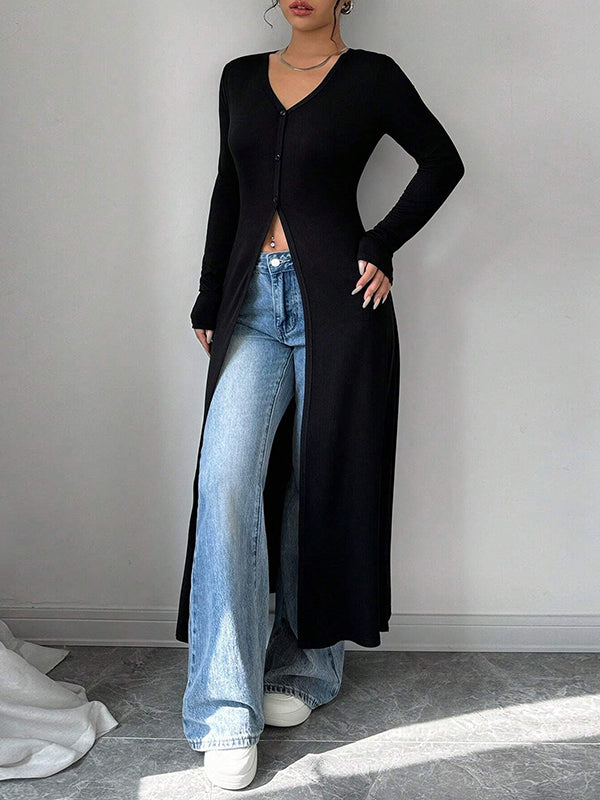 Long Sleeves Skinny Buttoned Solid Color Split-Front V-Neck T-Shirts