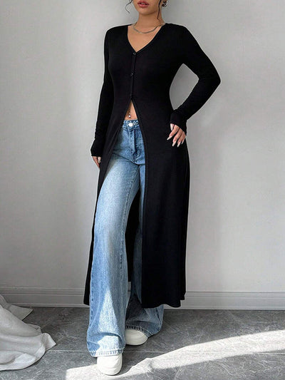 Long Sleeves Skinny Buttoned Solid Color Split-Front V-Neck T-Shirts