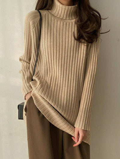 Casual Long Sleeves Loose Split-Side Solid Color High-Neck Sweater Tops