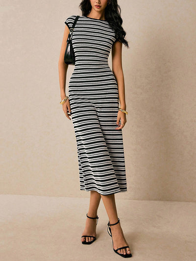 Sleeveless Contrast Color Split-Joint Striped Round-Neck Midi Dresses