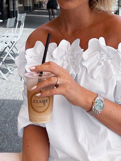 Loose Applique Solid Color Three-Dimensional Flower Off-the-shoulder Blouses&shirts Tops