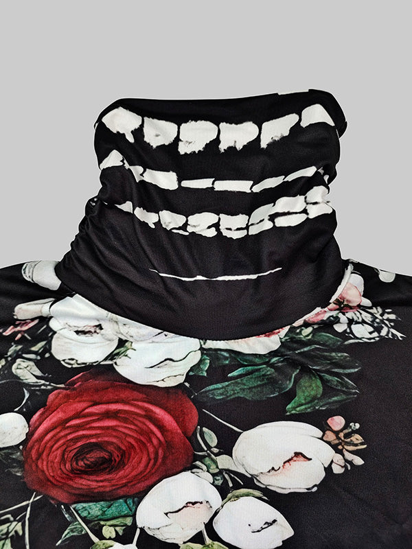 Long Sleeves Skinny Flower Print Split-Joint High Neck T-Shirts Tops