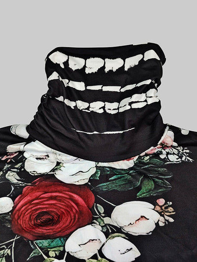 Long Sleeves Skinny Flower Print Split-Joint High Neck T-Shirts Tops