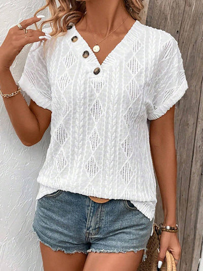 Loose Short Sleeves Buttoned Solid Color V-Neck T-Shirts Tops