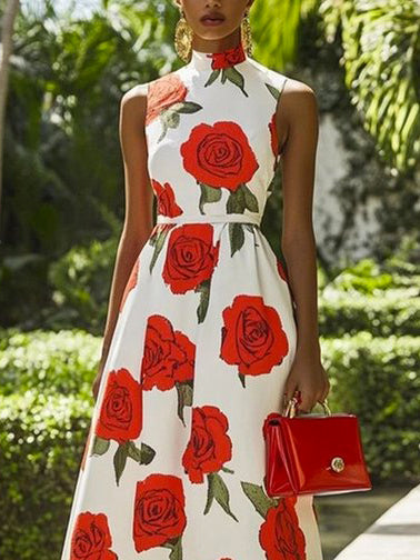 Skinny Sleeveless Flower Print Stand Collar Midi Dresses