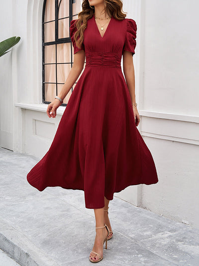 A-Line High Waisted Pleated Solid Color Zipper V-Neck Maxi Dresses