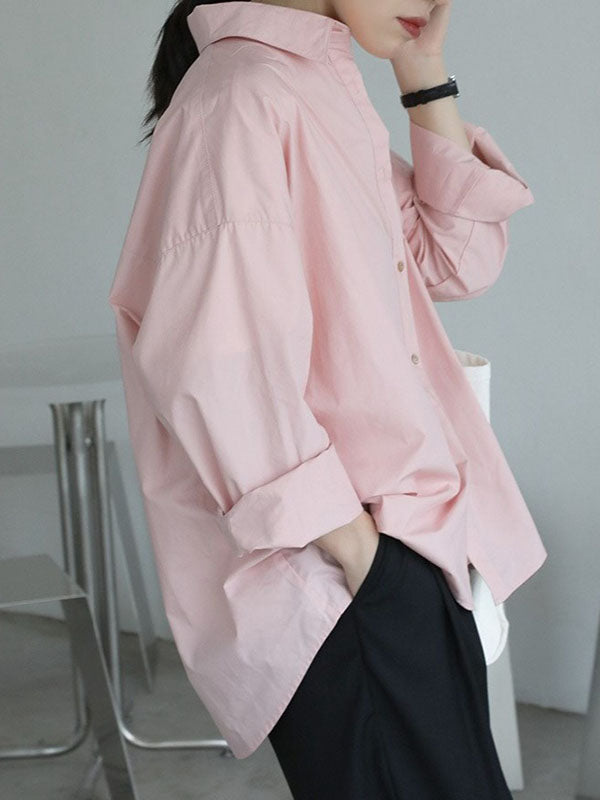 Long Sleeves Loose Buttoned Solid Color Lapel Blouses&Shirts Tops