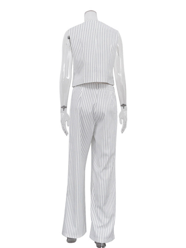 Loose Sleeveless Buttoned Striped V-Neck Vest Top + Pockets Pants Bottom Two Pieces Set