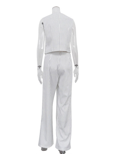 Loose Sleeveless Buttoned Striped V-Neck Vest Top + Pockets Pants Bottom Two Pieces Set