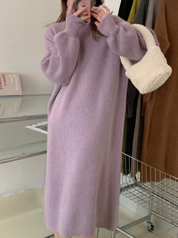 Long Sleeves Loose Solid Color High Neck Midi Dresses Sweater Dresses