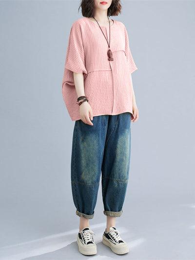 Batwing Sleeves Loose Solid Color Split-Joint Round-Neck T-Shirts Tops