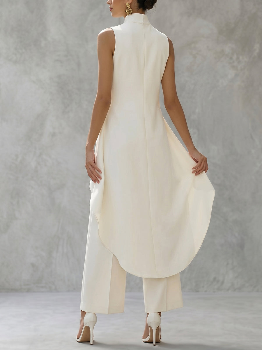 Solid Color Mock Neck High-Low Blouses&Shirts Tops + High Waisted Pants Trousers Two Pieces Set