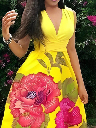 A-Line Sleeveless Flower Print Split-Joint V-Neck Maxi Dresses