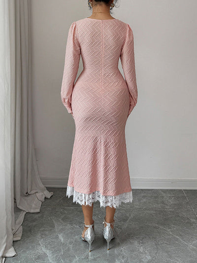 Bodycon High Waisted Lacy Pleated Solid Color Split-Joint Zipper Square-Neck Midi Dresses